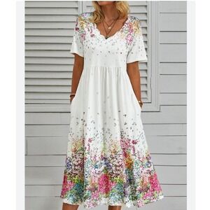 Noracora Floral Midi Dress White Scalloped V-Neck Empire Waist Pockets Medium